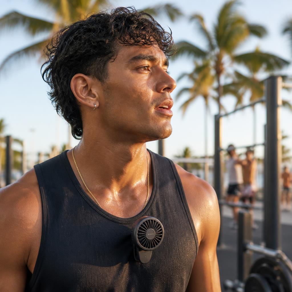 Atleta usando un ventilador portátil con clip durante su entrenamiento al aire libre